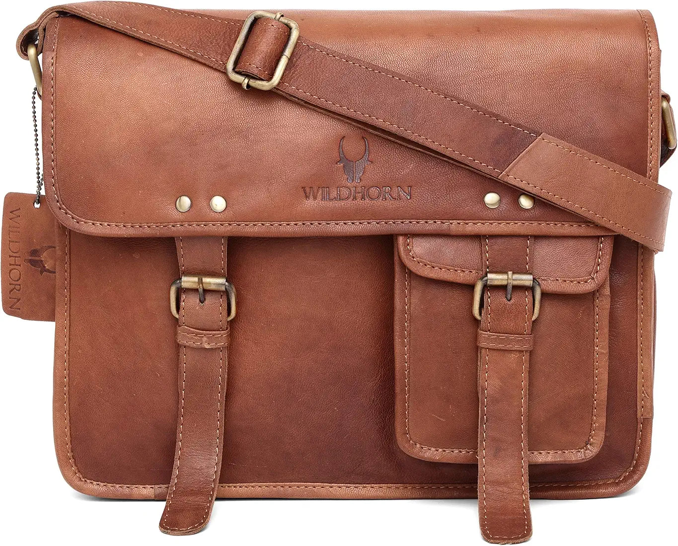 WildHorn® Classic Leather 13.5 inch Laptop Messenger Bag for Men I Office Bags I Travel Bags I Adjustable Strap I DIMENSION: L- 13 inch H- 10 inch W- 3.5inch