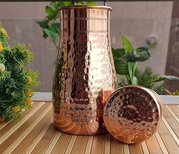 Indian Art Villa Pure Copper Bedroom Water Bottle With Inbuilt Glass Hammered Shine Design
