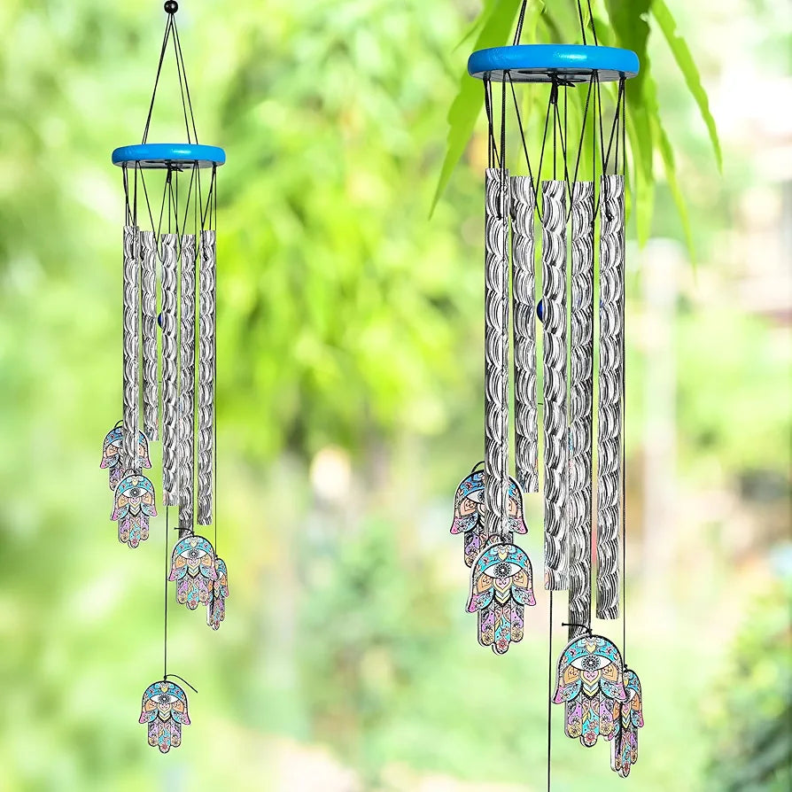Wind Chimes for Balcony and Home 6 Hamsa Hand 5 Silver Pipe Wind Chime -014