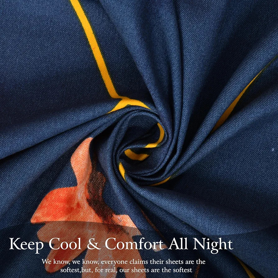 Fresh From Loom Floral Microfiber Cotton Bedsheet for Double Bed 240 TC Queen Size Soft Bed Sheet with 2 Pillow Cover Hexagon Royal Blue