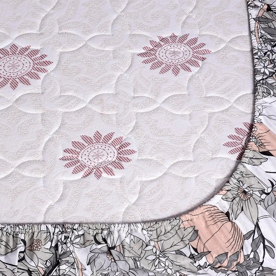 Divine Casa 144 TC Floral Grey 100% Cotton Elastic Fitted Bedsheets King Size with 2 Pillow Covers Colour Griffin