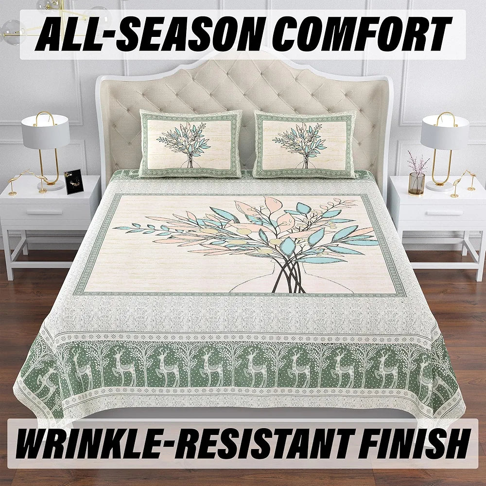 Kuber Industries Double Bedsheet with 2 Pillow Covers 160 TC Premium Cotton Photo Frame Tree Green