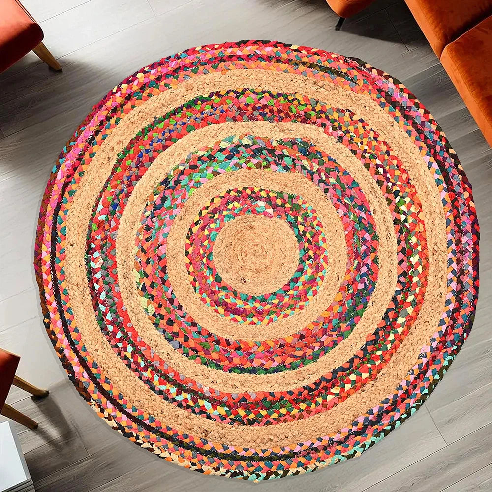 Kuber Industries Satranji Round Jute Rug & Carpet for Home & Bedroom Thick Lines Beige