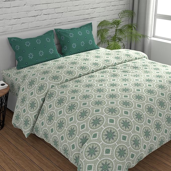 Huesland by Ahmedabad Cotton 144 TC King Size Bedsheet Cotton with 2 Pillow Covers | Mandala | Dark Green & Light Green