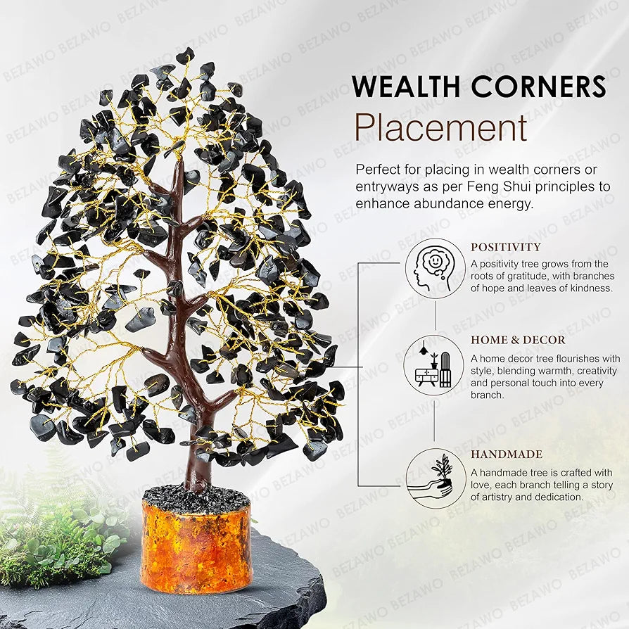 Bezavo Black Tourmaline Crystal Tree for Healing & Prosperity Golden Wire