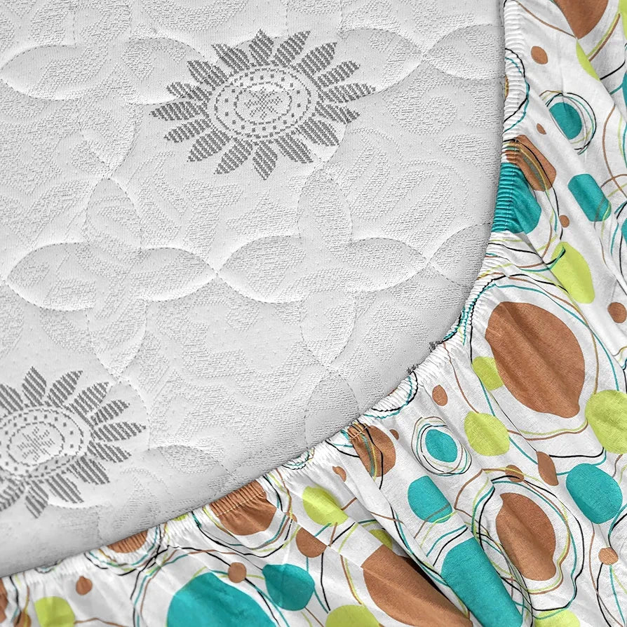 Divine Casa 144 TC Polka Dots White Skin Friendly 100% Cotton Double Bed Sheet Queen Size Elastic Fitted Colour Biscuit Baltic Sea