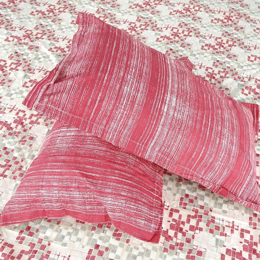 Divine Casa 144 TC 100% Pure Cotton Queen Size Double Bed Bedsheet with 2 Pillow Covers Geometric Pixel Colour Red White