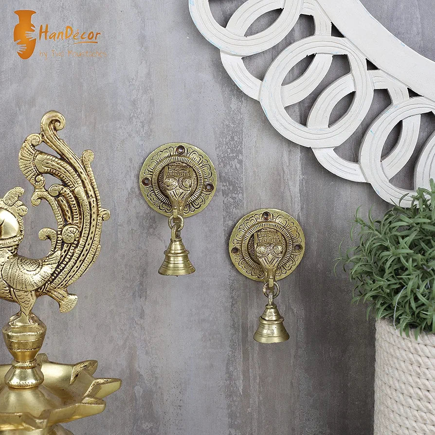 Two Moustaches Elephant Face Wall & Door Brass Decorative Bell Pair