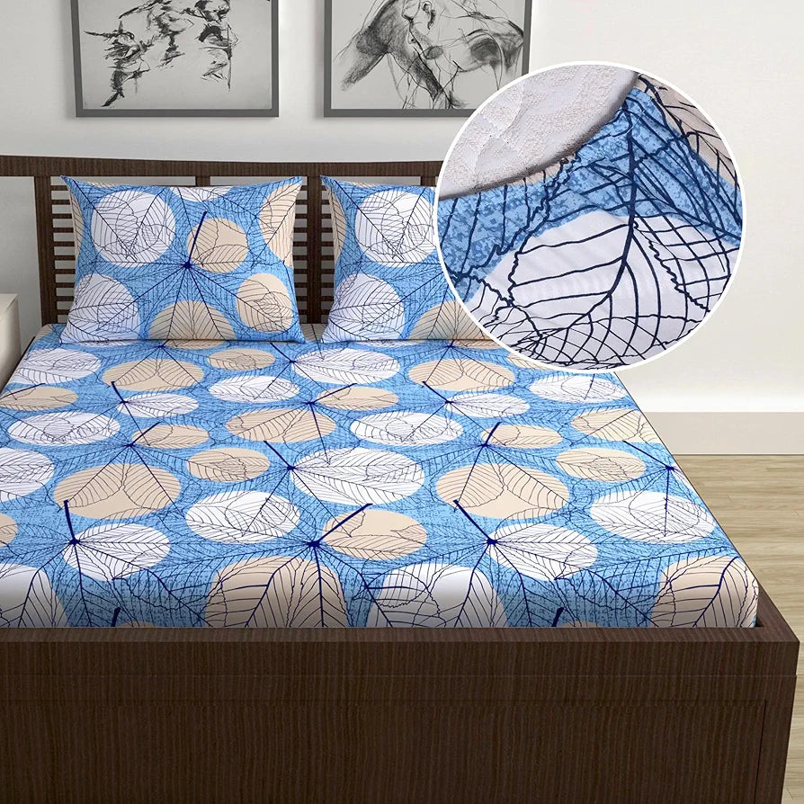 Divine Casa 144 TC Cotton Fitted Bedsheet for Double Bed with 2 Pillow Covers Colour Lichen Blue Elastic Fit for Queen Size Bed