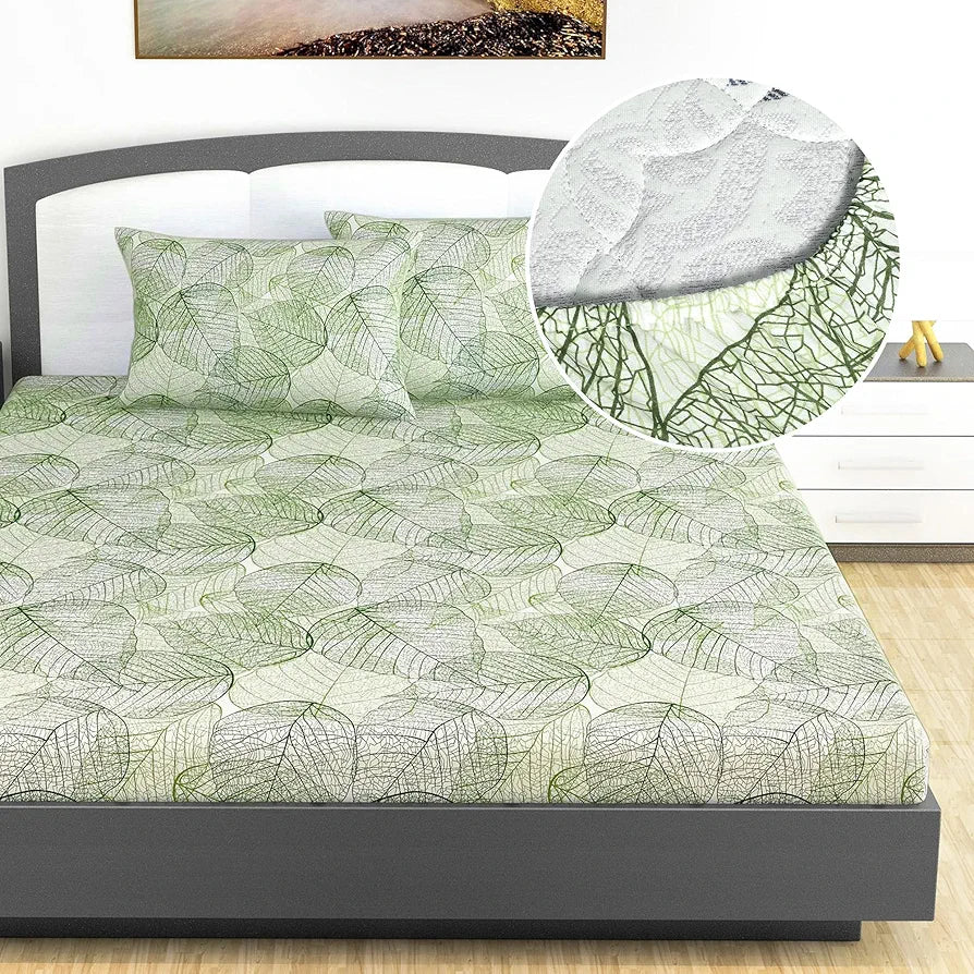 Divine Casa 144 TC Cotton Fitted Bedsheet for King Size Bed Floral Green Print 100% Cotton Elastic Fit with 2 Pillow Covers Colour Garden Green