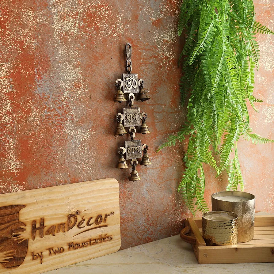 Two Moustaches Om Shubh Labh Design Brass Hanging Bells