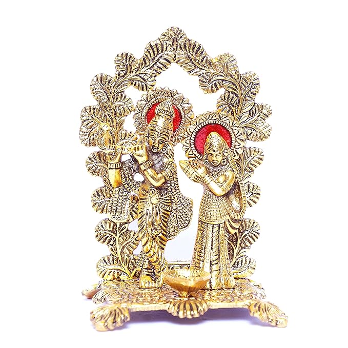 KridayKraft Radha Krishna Standing Playing Flute Metal Statue Gold Antique Finish for Pooja