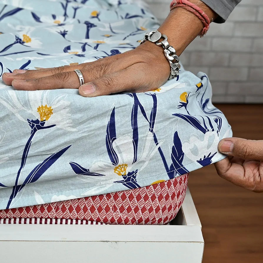 Divine Casa Floret 100% Cotton Double Fitted Bedsheet 144 TC Colour Water Orchid