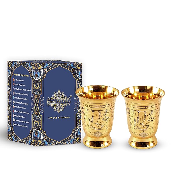 Indian Art Villa Pure Brass Glass Tumbler With Mughlai Etched Design - 215 gms