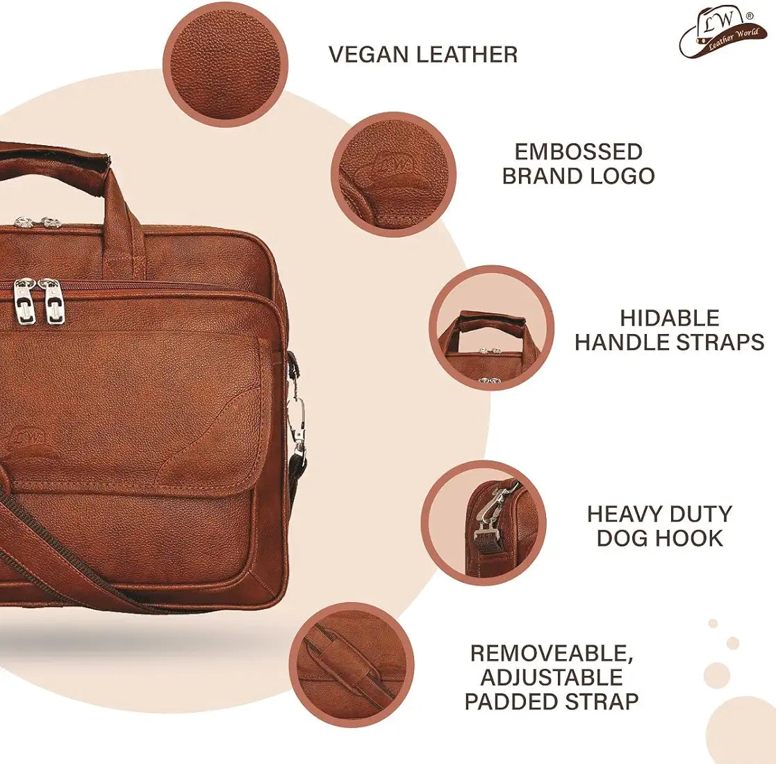 Leather World Synthetic Leather Briefcase 15.6 Inch Tan Laptop Expandable Messenger Shoulder Office Bag with Strap for Men and Women
