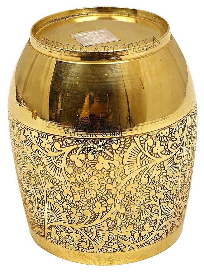 Indian Art Villa Embossed Flower Design Brass Glass Tumbler Cup - 164 gms