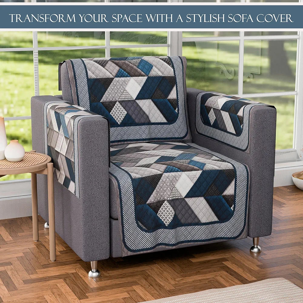 Kuber Industries Set of 16 Velvet Anti-Skid Sofa Cover 5-Seater with Arm Cover Triangular-Grey & Blue