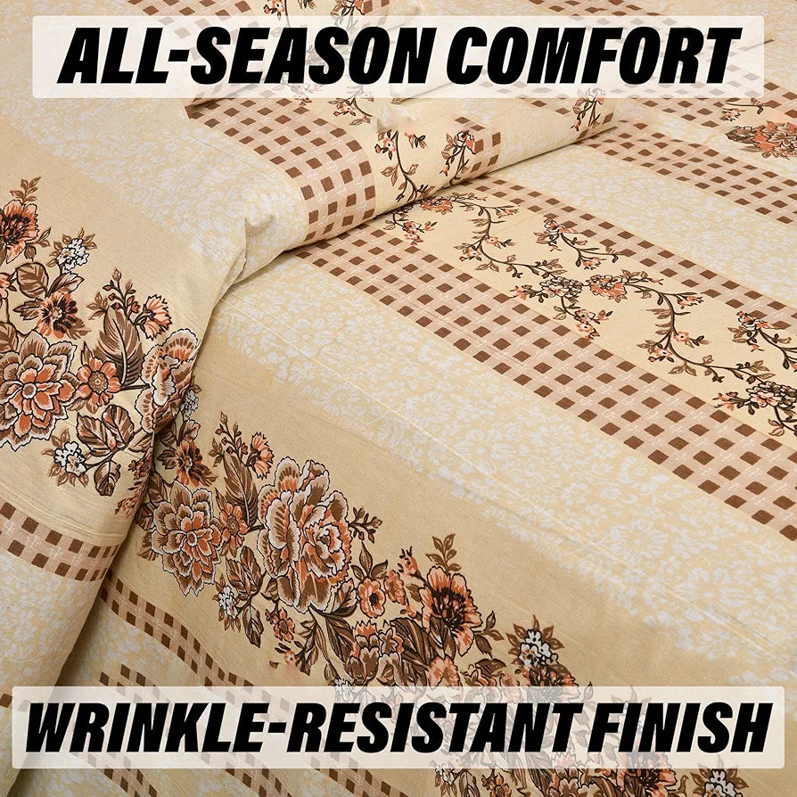 Kuber Industries Double Bedsheet with 2 Pillow Covers 160 TC Premium Cotton Spain Flower Lining Cream
