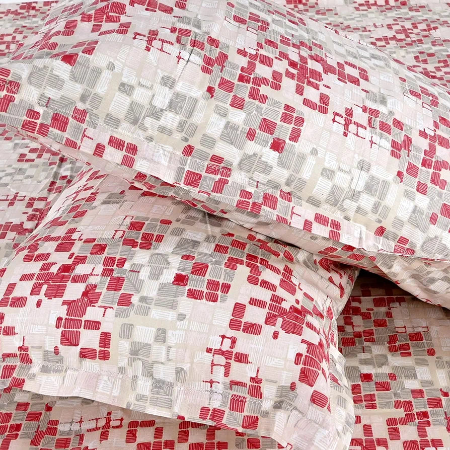 Divine Casa 144 TC Pure Cotton Double Bed Bedsheet with 2 Pillow Covers Mosaic Bloom Colour Ivory Red