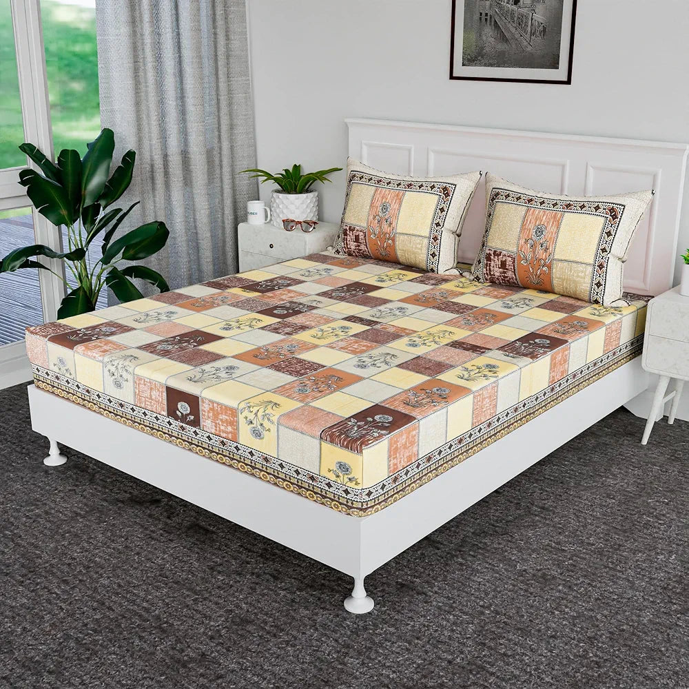 Kuber Industries Cotton Bedsheets for Double Bed with 2 Pillow Covers Candy Flower Brown & Yellow