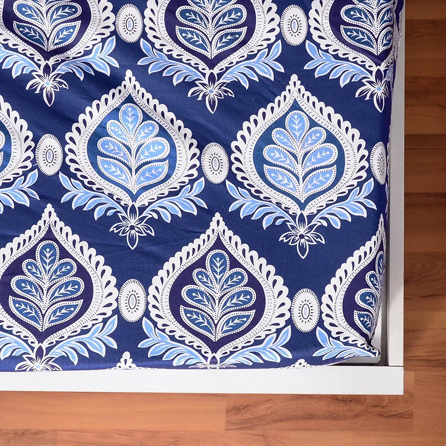 Divine Casa Cotton 100% Cotton Elastic Fitted Printed Queen Size Double Bed Bedsheet with 2 Pillow Cover Colour Baja Blue
