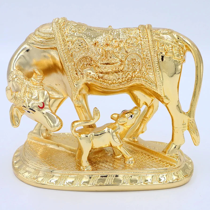 Jaipur Ace Kamdhenu Cow With Calf Statue Standard Size Golden Big Golden Cow