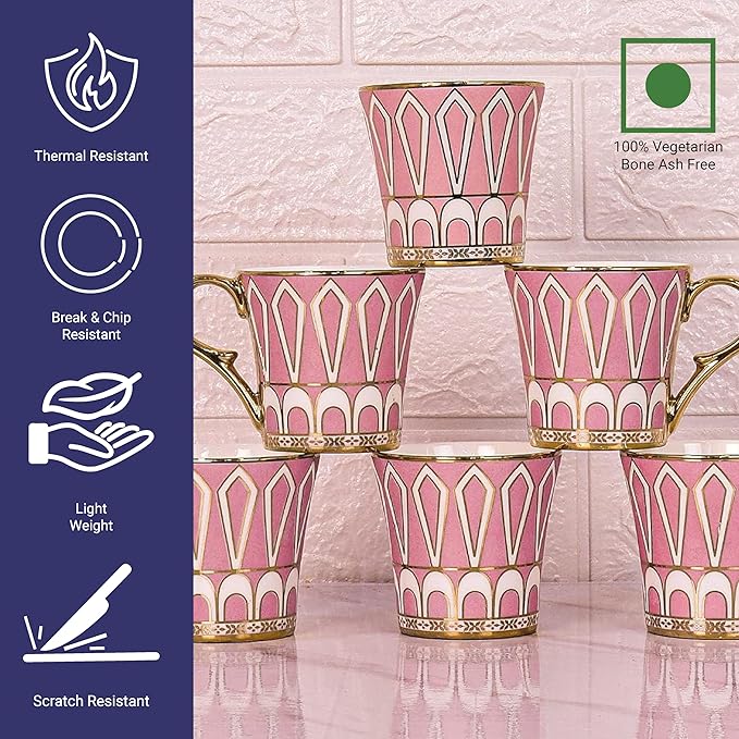 Femora Dropped U Scale Pattern Pattern Golden Tea Mugs, Ceramic Tea Cups, Coffee Mugs | 160 Ml | Pink | 6 Pcs Set | Not Microwave Safe