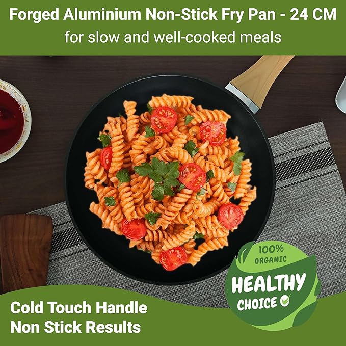 Femora Foged Die Cast Aluminium Non Stick 24 Cm Frypan With Wood Finish Handle | Granite Finish | Induction & Gas Ready