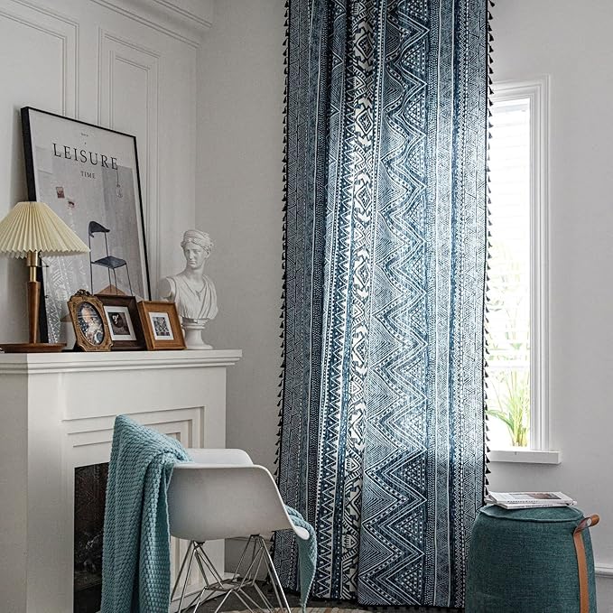Huesland Cotton Curtains for Door, 7 Feet Long 1 Bohemian Eyelet Curtain | Tribal Style Blue