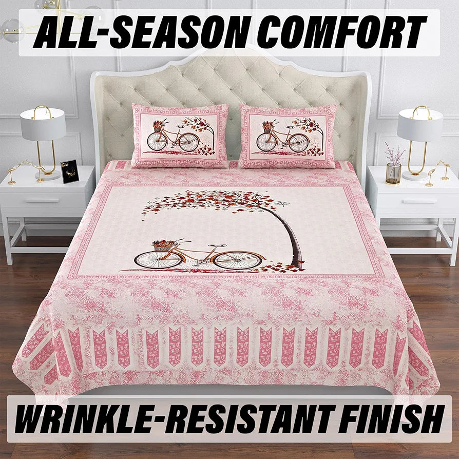 Kuber Industries Double Bedsheet with 2 Pillow Covers 160 TC Premium Cotton Photo Frame Cycle Pink