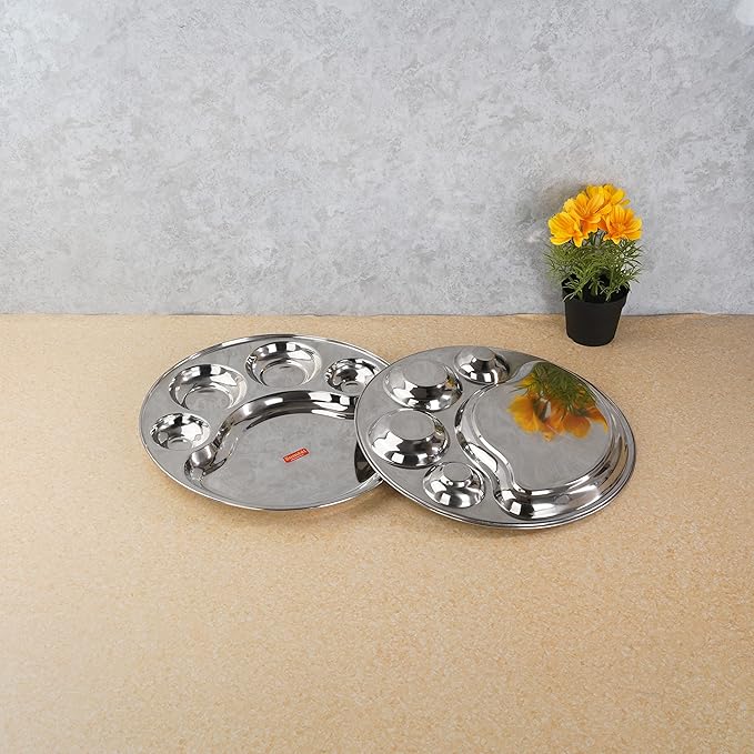 Sumeet Stainless Steel Round 5 in 1 Compartment Lunch Small Plates Set of 2Pcs 31cm Silver