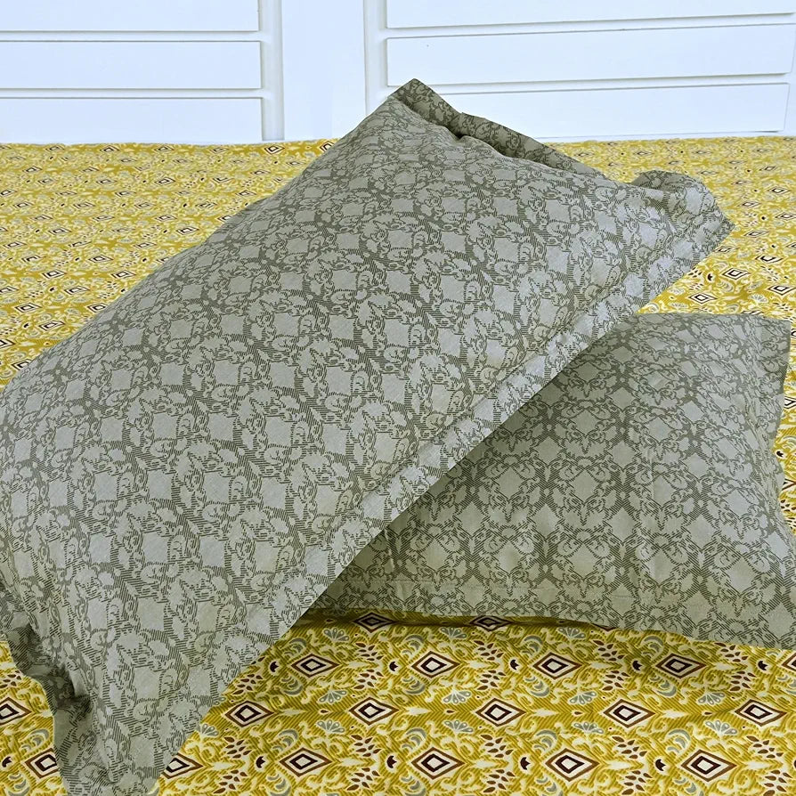 Divine Casa 144 TC 100% Pure Cotton Double Bedsheet with 2 Pillow Covers Ikat Diamond Print Colour Mustard Yellow
