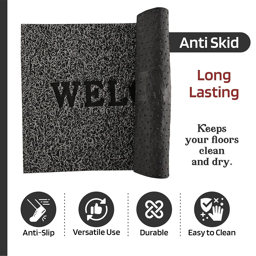 Kuber Industries Anti-Slip Welcome Print Grass Door Mats for Home Grass Cut Grey Colour