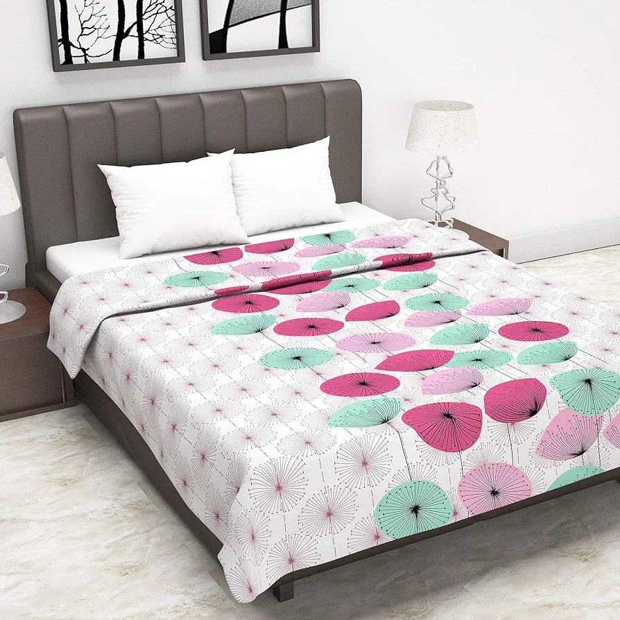 Divine Casa Glace Cotton 120 GSM Reversible Lightweight Printed Double Bed AC Dohar Winter Blanket Quilt Colour Pink and Turquoise TC - 120