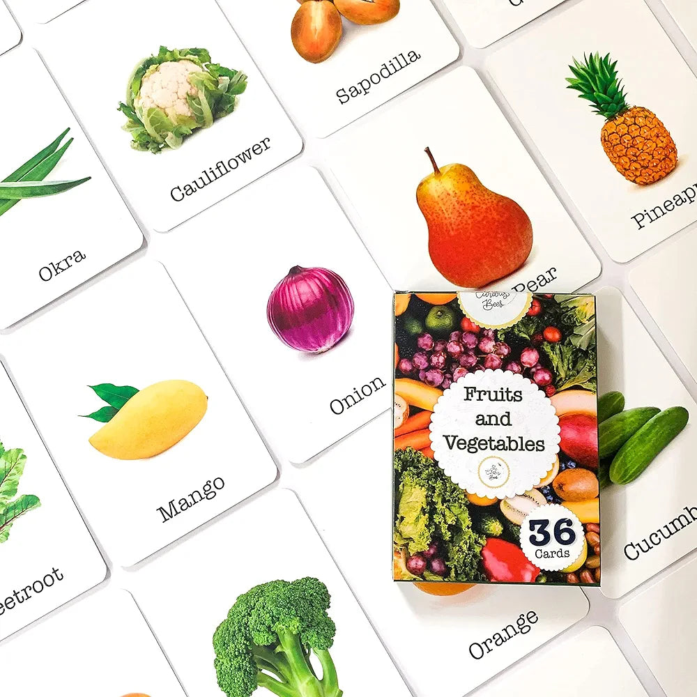 The Curious Bees - Fruits and Vegetables Flash Cards | 36 Laminated Cards for Kids | Age Group: 1-4 Years | Fun Early Educating Activity for Kids