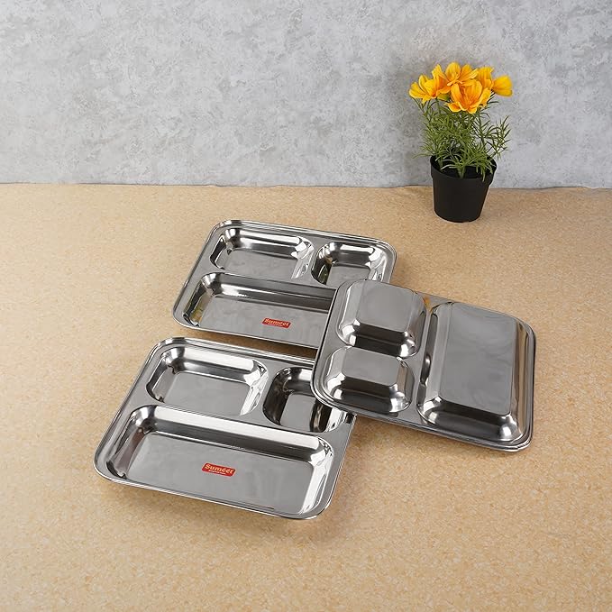 Sumeet Stainless Steel 3 in 1 Compartment plate Set of 3Pcs 24.5 cm Silver