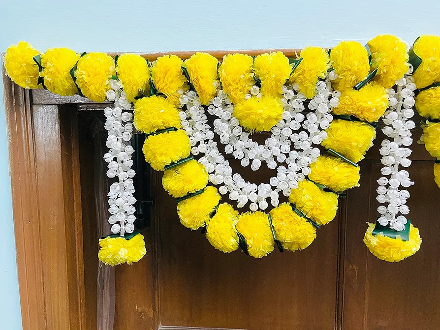 Artificial Marigold Fluffy Flowers Garlands Door Toran Set/Door Hangings Yellow with Jasmine and green leaves
