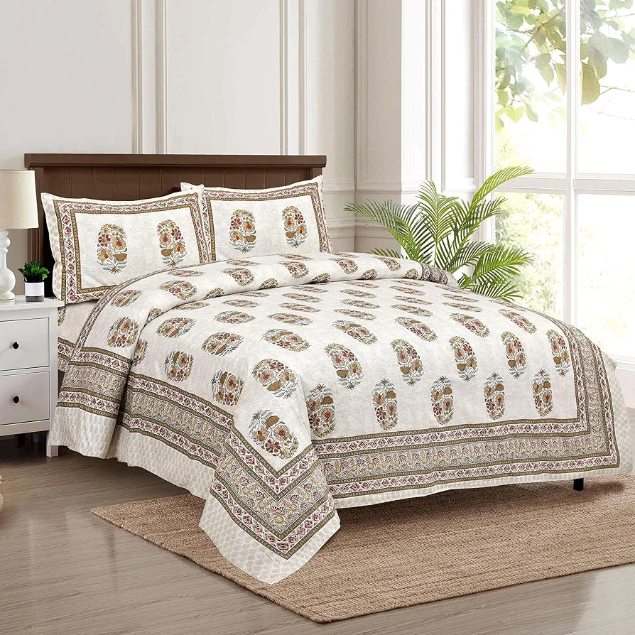 Kuber Industries Double Bedsheet with 2 Pillow Covers 160 TC Premium Cotton Dezier Flower Boota Beige