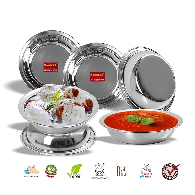 Sumeet Stainless Steel Heavy Gauge Multi Utility Serving Plates with Mirror Finish 19cm Dia Set of 6pc