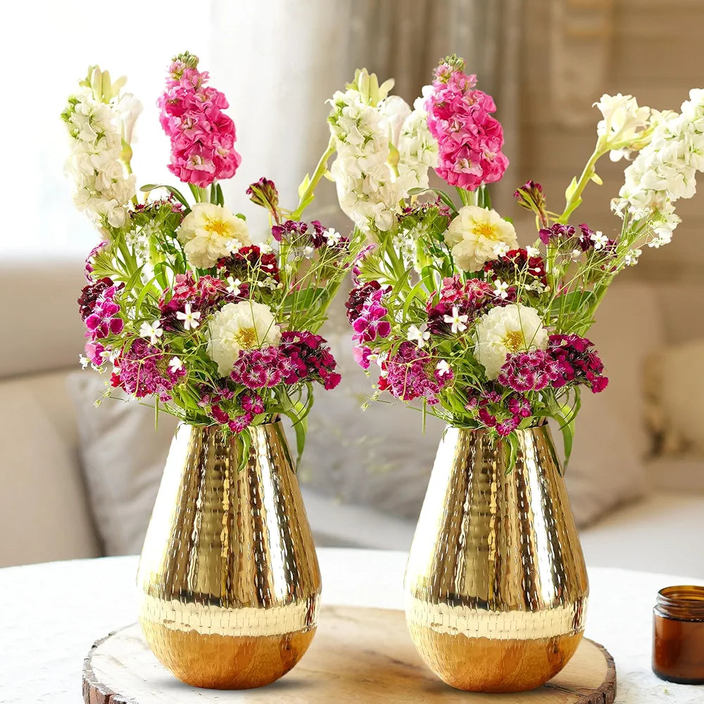 Behoma Drop Shape Metal Hammered Flower Vase Golden 2 Pcs Flowers not Included