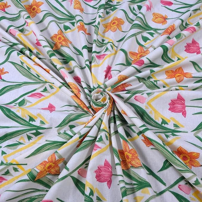 Huesland by Ahmedabad Cotton 144 TC Bedsheet for King Size Bed with 2 Pillow Covers | Botanical Chevron |  Green, Yellow & White
