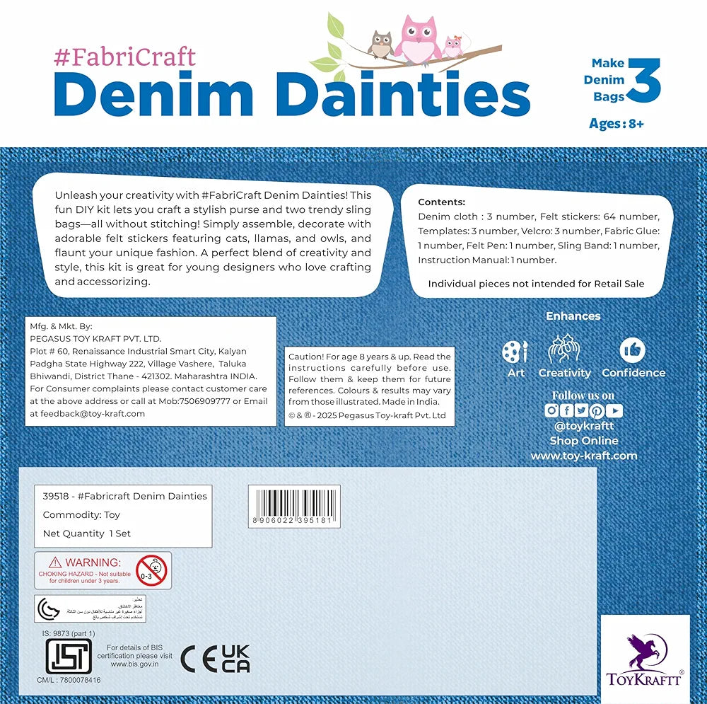 TOYKRAFTT Denim Dainties Craft Kit for Girls Aged 9-12, Gift for Girls Age 8-10 Years, Lhama, Owl, Cat Themed Felt Stickers Included