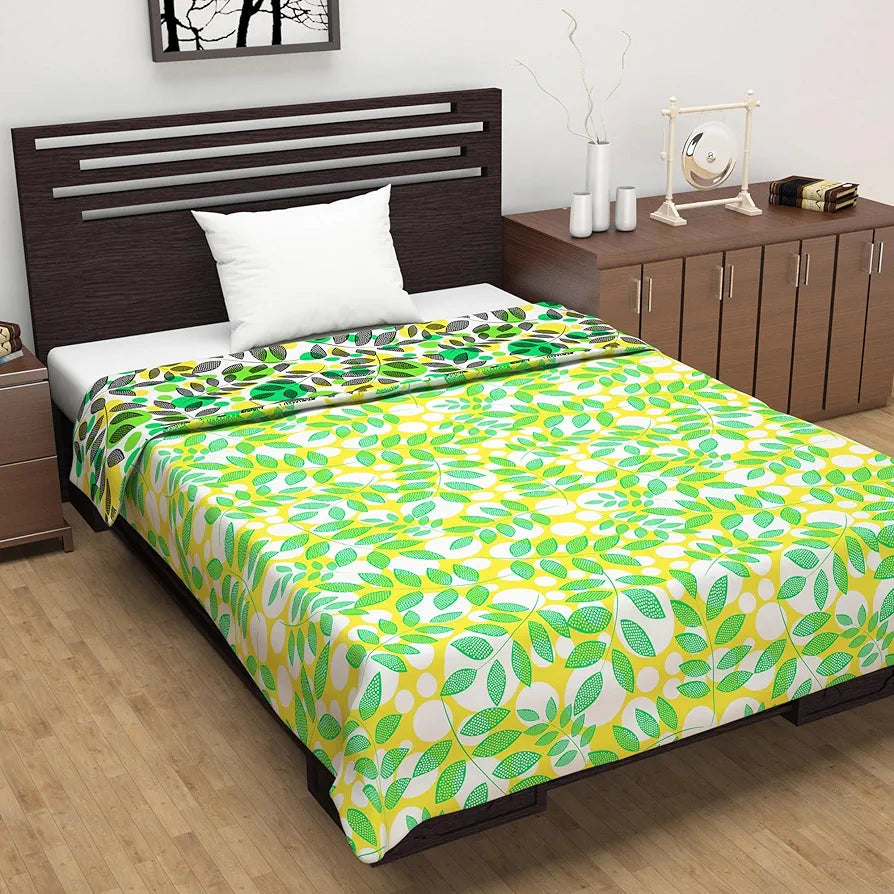 Divine Casa 120 GSM Microfiber Single Dohar Soft & Lightweight Throw Blanket Tropical Leaf Pattern Colour Green & Yellow