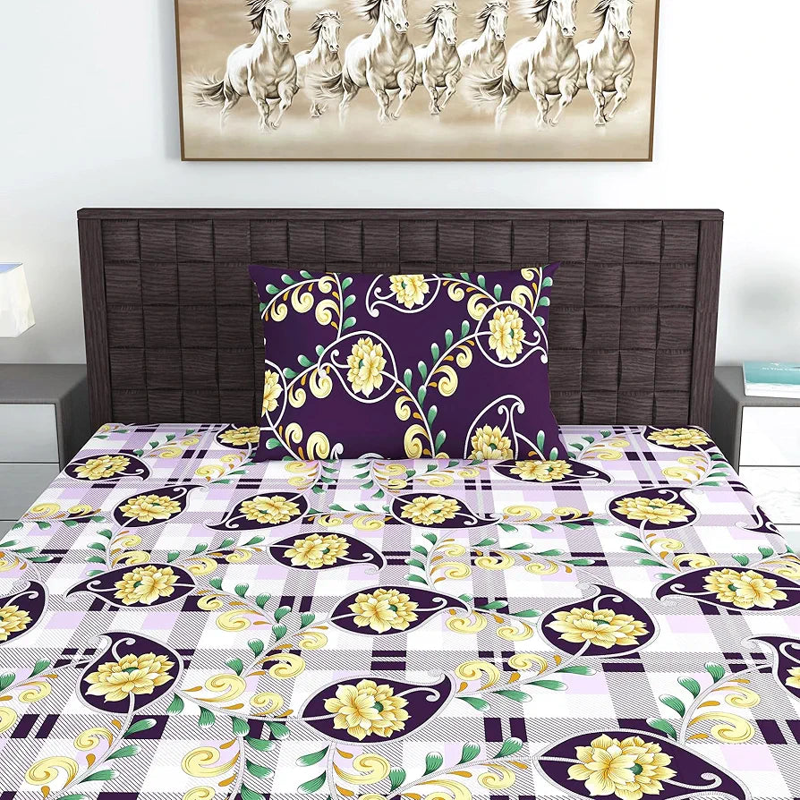 Divine Casa 144 TC 100% Cotton Bedsheet for Single Bed Floral Print with 1 Pillow Cover Colour Royal Lilac