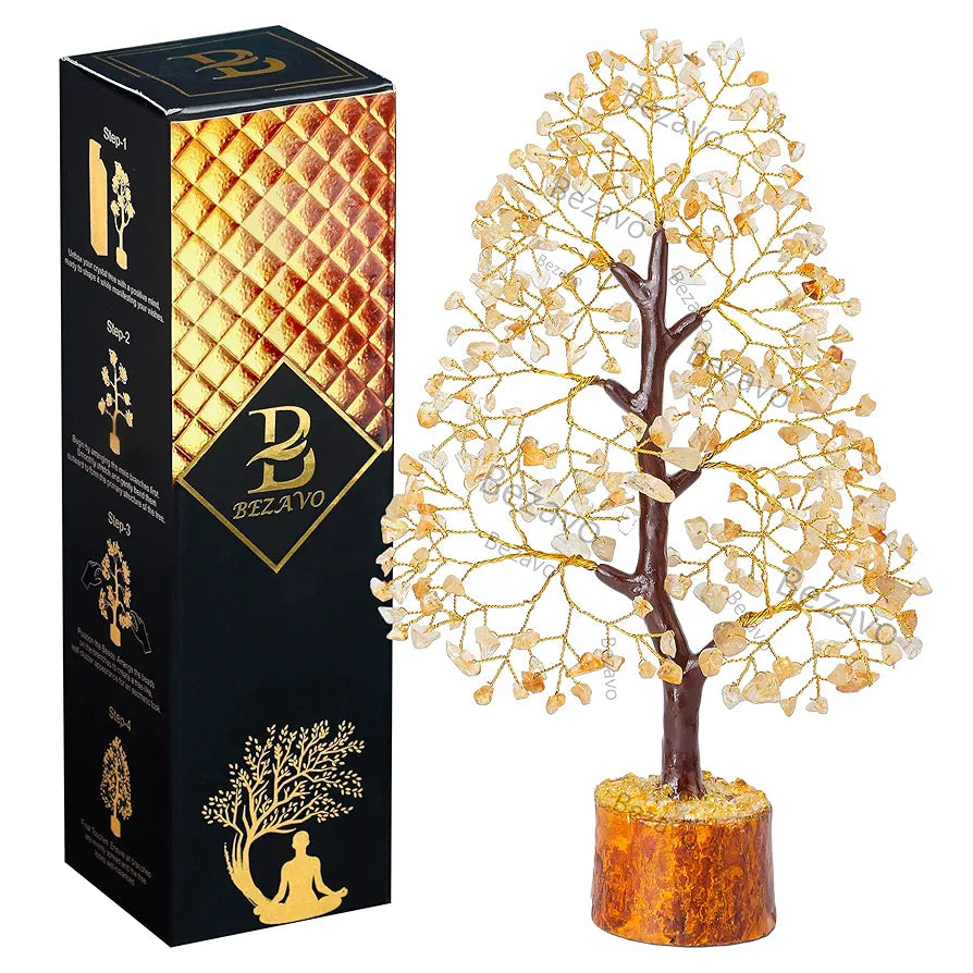 Bezavo Citrine Crystal Tree of Life Feng Shui Money Tree Golden Wire for Positive Energy & Success