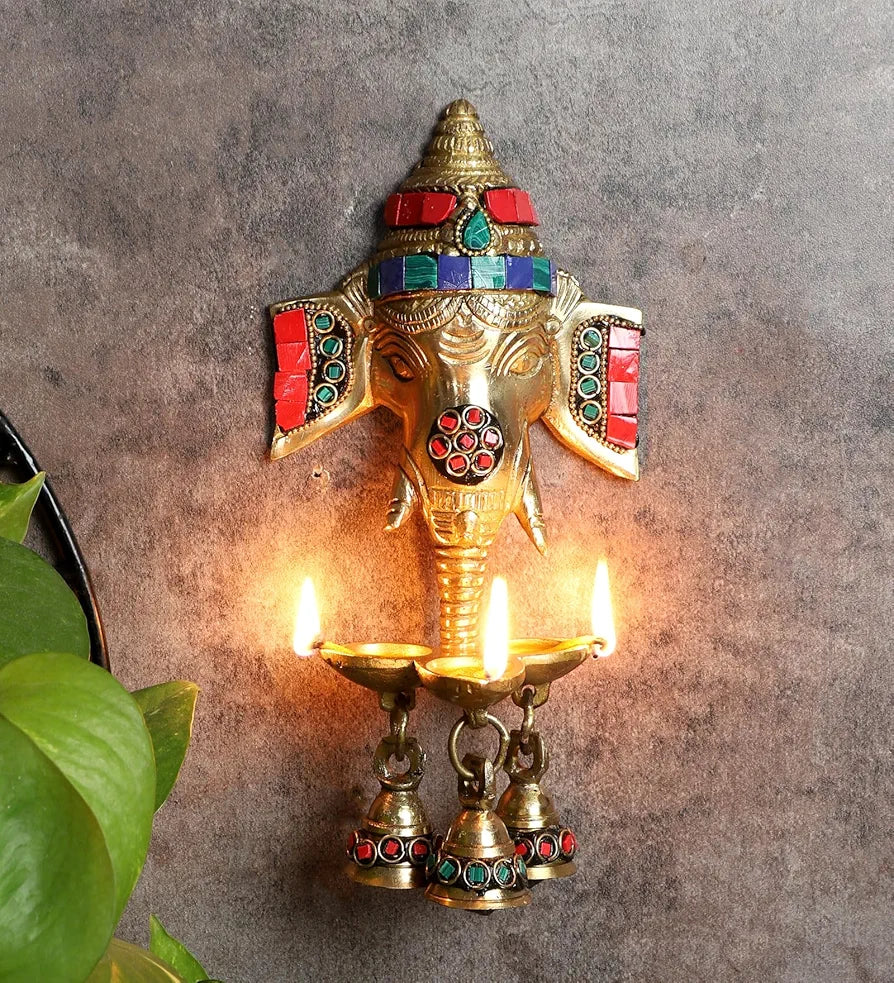 Two Moustaches Gemstone Work Brass Ganesha Wall Hanging Diya with Bells for Home Decor