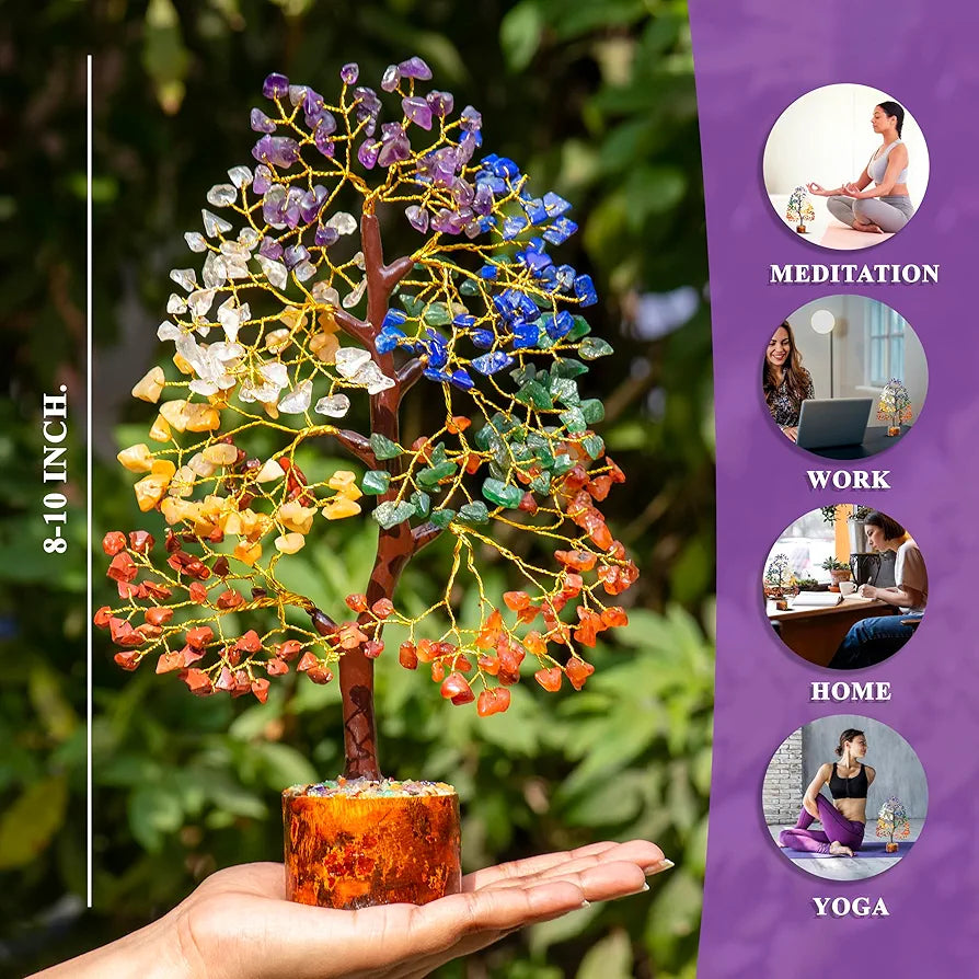 HindCraft Seven Chakra Crystal Tree Golden Wire 10-12 inch