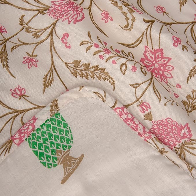 Huesland 100% Cotton Reversible Dohar Single Bed Cotton | Soft Cambric Weave, All Weather Light Ac Blanket Botanical Fusion - Ivory, Brown & Pink
