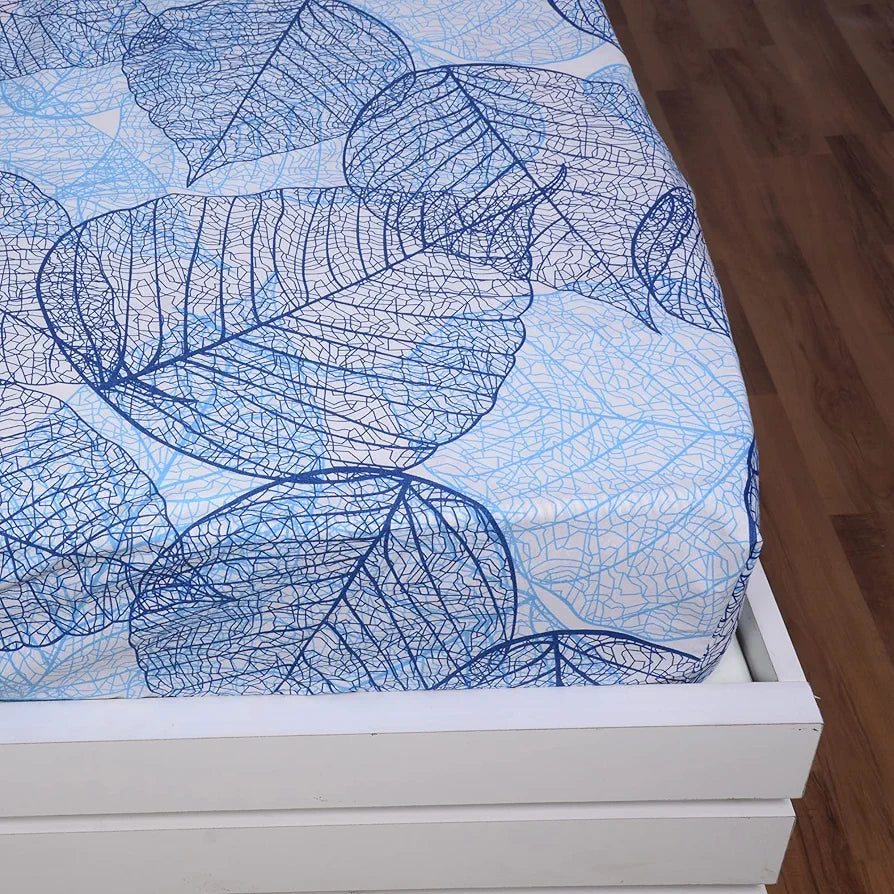 Divine Casa 144 TC Cotton Fitted Bedsheet for King Bed Floral Print Blue Skin-Friendly & Breathable Elastic Fit 100% Cotton
