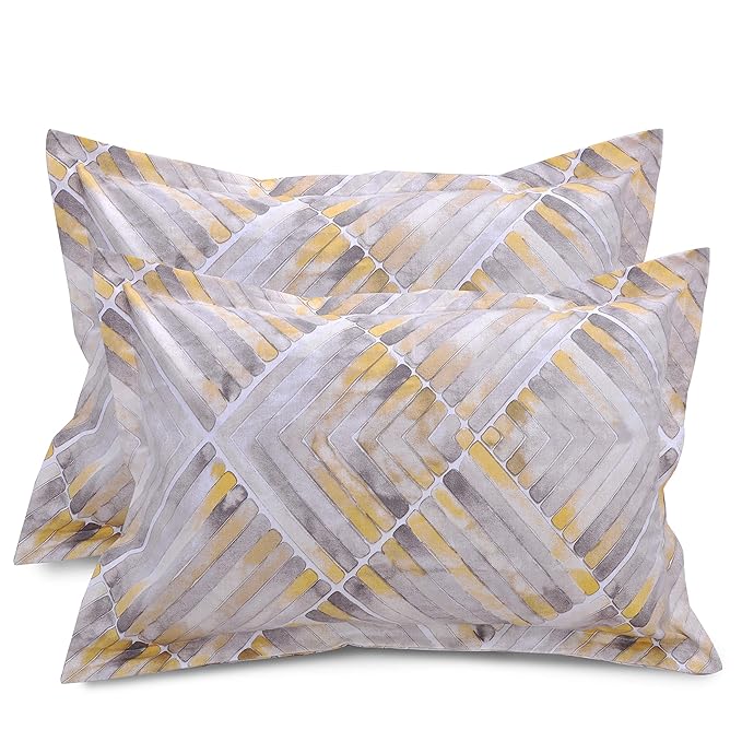 Huesland by Ahmedabad Cotton 144 Tc Cotton King Size Bedsheet With 2 Pillow Covers - Grey, Yellow & White